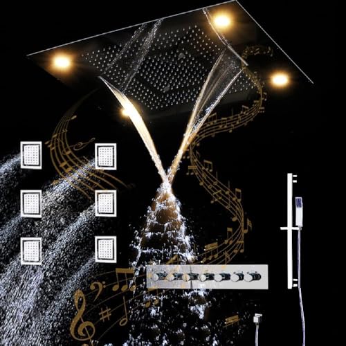 Cascada Luxurious 23"x31" LED Shower System with 6 Functions (Rainfall, Waterfall, Curtain, Misty, Body Jets & Handheld), Built-in Bluetooth Speakers & Shower Sliding Bar (Brushed Nickel) - color: Brushed Nickel