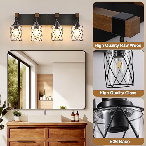 Bathroom Light Fixtures, Farmhouse Black Metal with Glass Shade | 4 Light Rustic Vanity Lights, Wood Accent Wire Cage Design, Mounts Over Mirror, Ideal for Bedroom & Hallway,Easy to Install - size: 4-Light