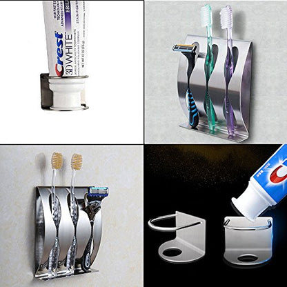 Stainless Steel Wall Mount Bathroom Toothbrush Holder, Bathroom Cabinet Organizer Accessories, 1 Toothbrush with 3M Self-Adhesive + 1 Toothpaste Holder Dispenser, Razor Holder