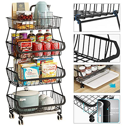 Metal Wire Baskets with Wheels, Stackable Storage Bins Kitchen Organizer Shelf 3-4-5-6 Tier Fruit Vegetable Cart Dishes Seasonal Rack Shelves for Garage, Pantry, Bathroom - size: 4 Tier without Slide Drawer