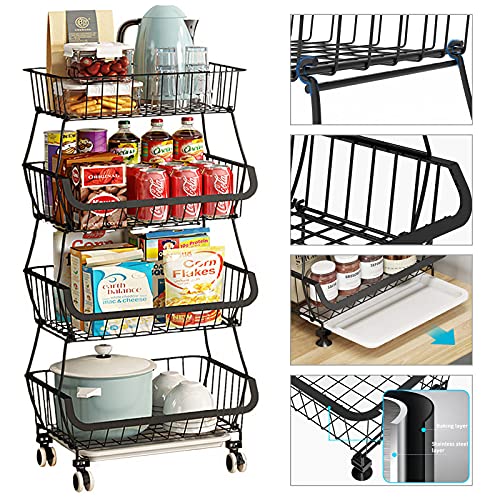 Metal Wire Baskets with Wheels, Stackable Storage Bins Kitchen Organizer Shelf 3-4-5-6 Tier Fruit Vegetable Cart Dishes Seasonal Rack Shelves for Garage, Pantry, Bathroom - size: 6 Tier without Slide Drawer
