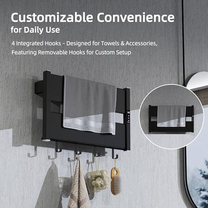 K&KALONZO Electric Heated Towel Rack, 2-Min Heat, Plug-in/Hardwired, H2-B | Wall Mounted, 10 Timers & 3 Heat Levels, 2H Rapid Dry, Anti-Scald, Aerospace Aluminum Towel Warmer for Bathroom, 4 Hooks, - color: Black, size: 2-Bar