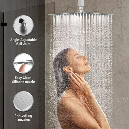 DASAN Full Body Shower System with 6 PCS Body Spray Jets & 12'' Rain Shower Head & Handheld, Ceiling Mount Rain Shower System Brushed Nickel Shower Faucets Sets Complete with Valve, SA-SS03ABN-S12C - color: Brushed Nickel