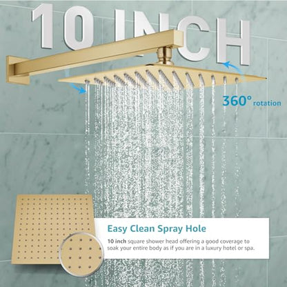 gotonovo Rainfall Bathroom Shower System Rain Shower Head and Handle Set Wall Mounted Shower Complete Combo Solid Brass Pressure Balancing Shower Mixer Valve 10 Inch Brushed Gold - color: Brushed Gold, size: 10 Inch
