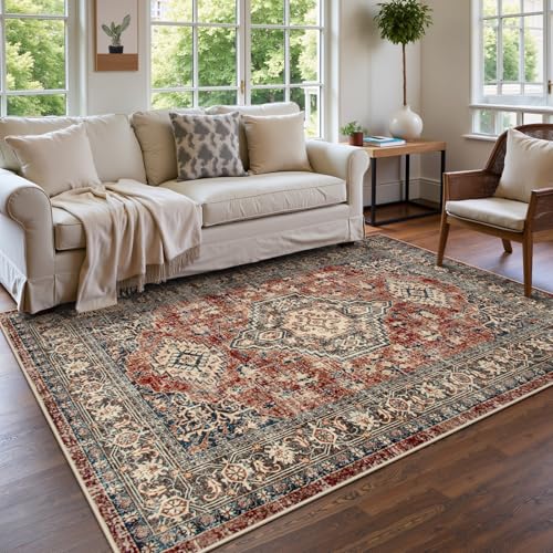 Lahome Oriental Washable Rugs for Living Room, 5x7 Area Rugs for Bedroom | Ultra-Thin Non-Slip Stain Resistant Vintage Low-Pile Throw Carpet for Dining Room Office Eleanor Brick, Red - color: Brick Red, size: 5' x 7' (Rectangular)