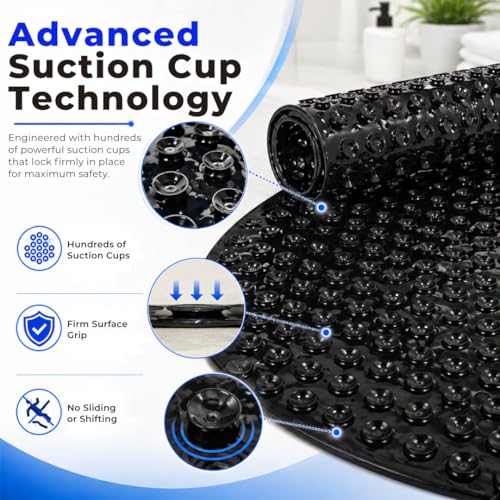 Bath Bliss Jumbo Oval Bath Mat 18x36 Black Color | Non-Slip Aqua Gel Bathtub Mat with Suction Cups | Anti-Slip Shower Safety Mat with Drain Holes