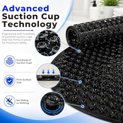 Bath Bliss Jumbo Oval Bath Mat 18x36 Black Color | Non-Slip Aqua Gel Bathtub Mat with Suction Cups | Anti-Slip Shower Safety Mat with Drain Holes