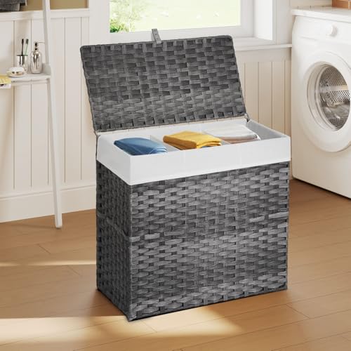 Greenstell Laundry Hamper with Lid, 125L Wicker Laundry Baskets with 2 Removable Liner Bags & 5 Mesh Laundry Bags, Handwoven Rattan Clothes Hamper with Handles for Clothes in Bathroom, Bedroom - color: Light Gray