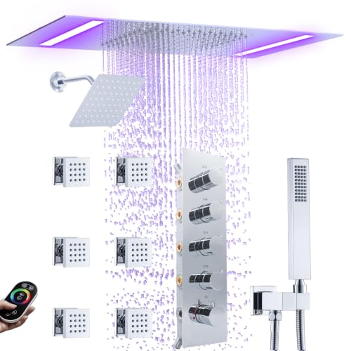 Thermostatic Shower System with 14x20 Inch Ceiling Mount LED Head & 6 Inch Wall Head and Handheld Shower 4 Function Vale with body jets Can All Run Together,Polished Chrome - color: Polished Chrome, style: 14x20 led+6 jets