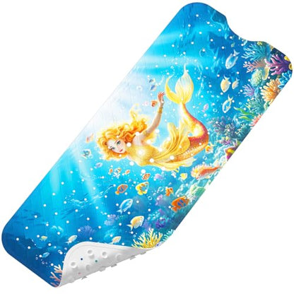 Upgrade Cartoon Baby Bath Mat Non Slip - 40"x16" Extra Long Bathtub Mat for Baby Eco Friendly Durable Bath Mat for Tub Non Slip Kids Tub Mat with Suction Cups, Machine Washable and No Fading, Mermaid - color: G-mermaid-4