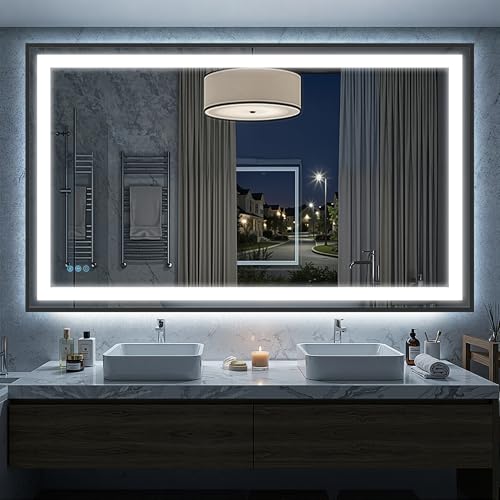 Antok 60X36 LED Bathroom Mirror with Lights, Vanity Mirror for Wall with Black Frame, Touch Control, Anti-Fog, Dimmable Lights, Shatter-Proof, Memory Function, Wall-Mounted Vanity Mirrors - size: 60"L x 36"W