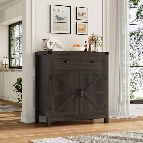 HOSTACK Kitchen Storage Cabinet, Farmhouse Coffee Bar Cabinet, Dark Brown | Small Buffet Cabinet with Doors & Wide Drawer, Wood Sideboard Buffet, Entry Table w/ Adjustable Shelf for Dining Living Room - color: Dark Brown
