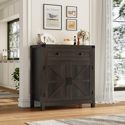 HOSTACK Kitchen Storage Cabinet, Farmhouse Coffee Bar Cabinet, Dark Brown | Small Buffet Cabinet with Doors & Wide Drawer, Wood Sideboard Buffet, Entry Table w/ Adjustable Shelf for Dining Living Room - color: Dark Brown