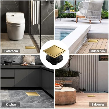 Hidden Brushed Square Shower Floor Drain, Gold 6 inch, 304 Stainless Steel, with Flange, Detachable Cover Embedded in Ceramic Tiles - color: Hidden Gold, size: 6 inch
