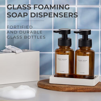 MaisoNovo Glass Foaming Soap Dispenser 14 Oz | Glass Bottles Pumps x 2 Amber with Tray - color: Amber Bottles/Black Plastic Pumps/Ceramic Tray