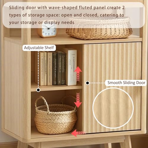 Fluted Storage Cabinet for Bathroom, 3 Drawer Floor Cabinet with Sliding Door, Mid Century Storage Organizer with Adjustable Shelf, Modern Curved Edge Cabinet for Dining Room Kitchen (Natural)