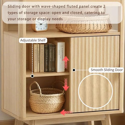 Fluted Storage Cabinet for Bathroom, 3 Drawer Floor Cabinet with Sliding Door, Mid Century Storage Organizer with Adjustable Shelf, Modern Curved Edge Cabinet for Dining Room Kitchen (Natural)