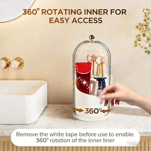 3 Slots Rotating Toothbrush Holders with Lid for Bathroom | Coverd Tooth Brush Holders for Countertop, Concealed Makeup Brush Holder, Toothpaste Holder-White - color: White