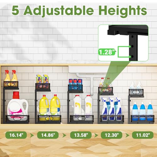 Under Sink Organizer 4-Pack, Metal 2-Tier Pull-Out Cabinet Shelf with Slide-Out Mesh Drawers, Height Adjustable, Space-Saving Storage Racks for Kitchen, Bathroom, Laundry Room - color: Black-4 Pack