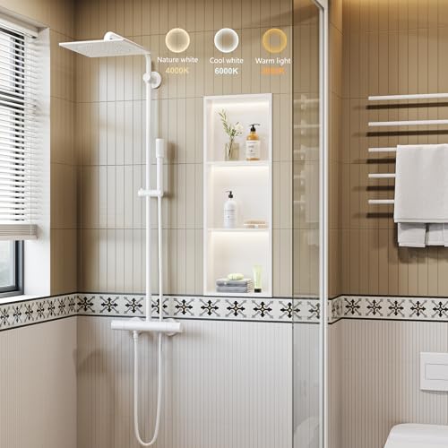 White 3-Tier 3 CCT LED Niche, 12"x36" No-Tile Shower Storage | shower niche with 3-Temperature LED Strip Light (4000K/6000K/3000K),Waterproof, Sturdy&Durable,304 Stainless Steel Wall Niche - color: White, size: 12X36In