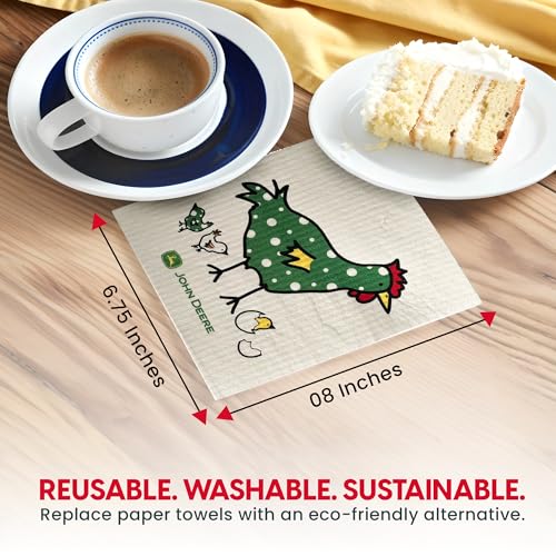 John Deere Chix Chickens - Swedish Dishcloth Reusable Towel Set for Kitchen | Biodegradable Absorbent Cleaning Washcloths for Dishes, Household Surfaces | Washable, & Quick Drying | 2-Pack - color: Chix Towle