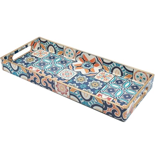 Bathroom Vanity Tray for Countertop, Small Plastic Toilet Tank Tray Versatile Storage & Organization Tray for Makeup, Perfume, Desk, Kitchen, Candles, 13.7"x6"x1.4", 35Boho2 - color: 15multi2