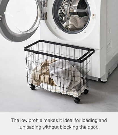 Yamazaki Home Tower Small Rolling Laundry Basket Metal Hamper Cart With Wheels And Handle, 14.8" - Steel - 9.8 Gallons, 35 Liters | Small metal laundry hamper cart features smooth-rolling wheels and a convenient built-in handle. Suits modern home storage.
