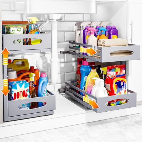Under Sink Organizer, 2 Tier Under Sink Organizers and Storage, Adjustable Height, Slide out Metal Cabinet Organizers, Pull out Cabinet Storage Drawer Shelf for Kitchen Bathroom (Gray, 2 Pack) - color: Gray