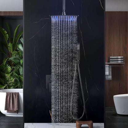 Aolemi Ceiling Shower Faucet Set with Handheld 12" LED Head Matte Black | Handheld Spray,12 Inch Rain LED Head,Shower Valve and Trim Kit,All Metal,Ceiling System,Bathroom Mixer - color: Black, size: 12 Inch LED Shower Head