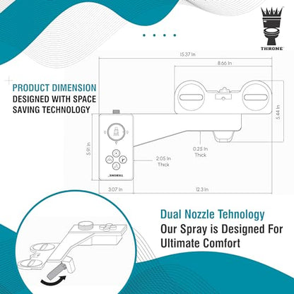 Throne Bidet Attachment for Toilet Seat USA Patented Easy Install (Black) | Non-Electric Self Cleaning Cold Water Sprayer Double Nozzle (Frontal & Rear Wash) Bathroom Bidet Toilet Seat Attachment - color: Black/Chrome