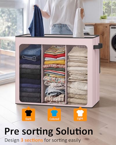 Optish 180L Laundry Hamper 3 Section, Large Laundry Hamper with Lid, Dirty Clothes Hampers with 3 Inner Bags, Laundry Basket Organizer for Laundry, Bedroom, Bathroom, Hamper 3 Compartment, Pink - color: Pink