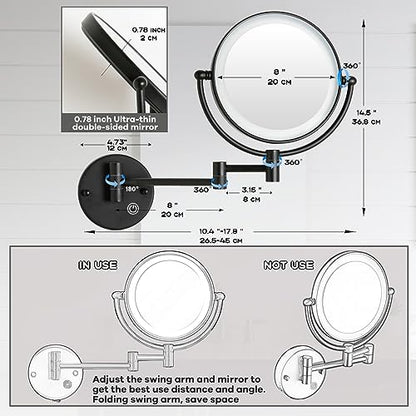 Wall Mounted Magnifying Makeup Mirror, 5X, Light, Matt Black, Rechargeable | Brass Extended Arm, 360 Rotation 8" Shaving Vanity for Bathroom, No Pre-Installed Wire, SEALANT FIX