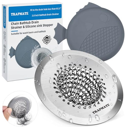TRAPMATE Shower Drain Hair Catcher, 2.8" Bathtub Stopper Drain Strainer Kit | Easy Clean, Anti-Clogging, Fast Drainage, Anti-Slip, Reversible, No Rust, For Bathtub & Shower Drains, Small Size, Patented - color: Silver & Gray