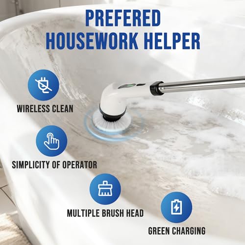 Electric Spin Scrubber Cordless Electric Cleaning Brush with LCD Power Display 9 Replaceable Heads Dual Speed IPX7 Waterproof Electric Scrubber for Cleaning Bathroom Tiles Floor Kitchen & Car