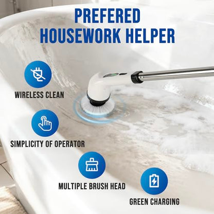 Electric Spin Scrubber Cordless Electric Cleaning Brush with LCD Power Display 9 Replaceable Heads Dual Speed IPX7 Waterproof Electric Scrubber for Cleaning Bathroom Tiles Floor Kitchen & Car
