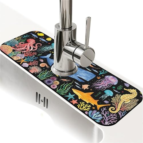 Faucet Fast Absorbent Pad - Black Whale Seahorse Octopus , Suitable For Kitchen, Bathroom, Island And Other Scenes - color: Black Whale Seahorse Octopus