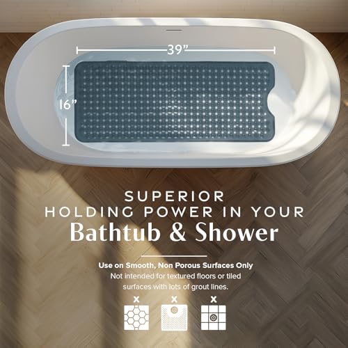 SlipX Solutions 39"x16" Power Grip Non Slip Bathtub Shower Mat, Clear Black | Stronger Wet Surface Protection, Soft Under Foot, 265+ Suction Cups, Large Drainage Holes - color: Clear Black