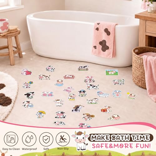 Fullhawl 30 Pcs Farm Animal Non Slip Bathtub Stickers, Cute Cow Bath Safety Decals, Anti Slip Shower Traction Stickers, Waterproof PEVA Bathtub Appliques with Scraper for Tub Shower Floor Bathroom - style: Cartoon Cow