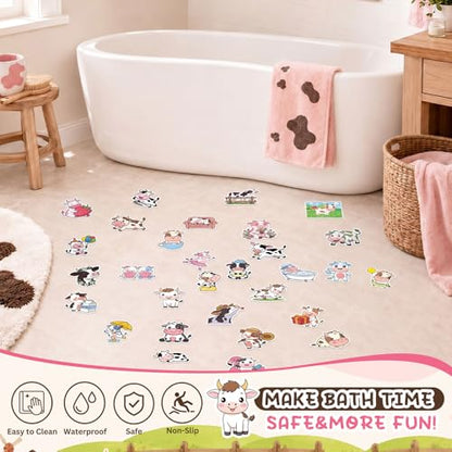 Fullhawl 30 Pcs Farm Animal Non Slip Bathtub Stickers, Cute Cow Bath Safety Decals, Anti Slip Shower Traction Stickers, Waterproof PEVA Bathtub Appliques with Scraper for Tub Shower Floor Bathroom - style: Cartoon Cow