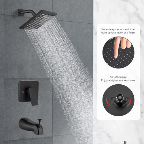 Heyalan 8 Inch Shower Set with Tub Spout and Valve,Brushed Nickel | 8-inch square rainfall head, tub spout with diverter, male-thread rough-in valve, single-handle control and wall-mount design - color: Matte Black, size: 8 Inch Square Shower Head