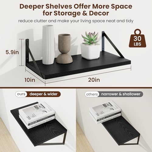 20 Inch Floating Shelves, 10 Inch Deep Black Wall Shelves Set of 2 | 20'' x 10'' Rustic Wood Shelves with Heavy Duty Brackets, Deep Shelves for Bathroom, Living Room, Engineered Wood, 35LBS - color: Black, size: 20W x 10D