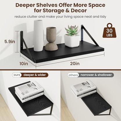 20 Inch Floating Shelves, 10 Inch Deep Black Wall Shelves Set of 2 | 20'' x 10'' Rustic Wood Shelves with Heavy Duty Brackets, Deep Shelves for Bathroom, Living Room, Engineered Wood, 35LBS - color: Black, size: 20W x 10D