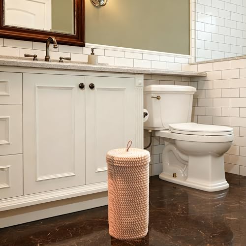 Toilet Paper Holder Handmade – Woven Cotton Toilet Paper Stand & Storage Basket with Lid, Freestanding Organizer for Bathroom, Fits 3 Mega Rolls Gradient Brown 14'' x 7'' - color: Cream Brown