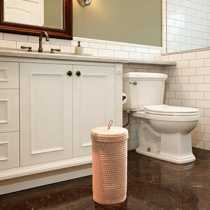 Toilet Paper Holder Handmade – Woven Cotton Toilet Paper Stand & Storage Basket with Lid, Freestanding Organizer for Bathroom, Fits 3 Mega Rolls Gradient Brown 14'' x 7'' - color: Cream Brown