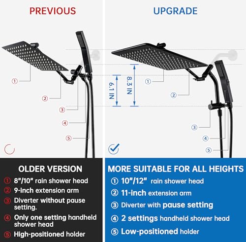 G-Promise 12 Inch All Metal Rain Shower Head with Handheld (Matte Black) | Full Body Coverage, Pause Mode Diverter, Power Wash Mode Handheld, Suits Every Height, Easy to Install, Modern Bath Upgrade - color: Matte Black, size: 12 Inches