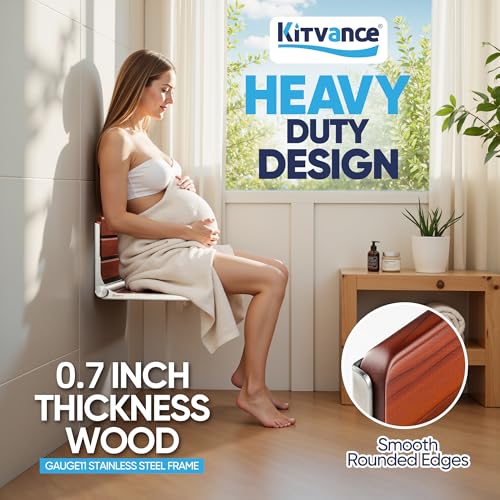 [Upgraded Version] 20" ADA Compliant Folding Teak Shower Seat Wall Mounted - Larger Teak Shower Bench, Home Care Folding Shower Seat for Inside Shower, Wall Mount Shower Chair Shower Stool, Max 400lb - size: 20*17*11 Inch（Teak）