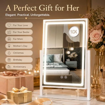 Vanity Mirror with Lights - 13.78"× 10.23" Adjustable Lighted Makeup Mirror for Desk, Detachable 10X Magnification Mirror, Touch Sensor, Desk Mirror for Bedroom & Dressing Room (White)