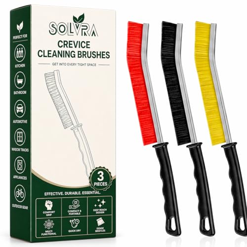Crevice Cleaning Brush Set 3Pcs Hard Bristle Tools for Narrow Spaces | Includes Red, Black & Yellow Grout Scrub Brushes for Tile Floors, Bathroom, Shower, Window Tracks & Kitchen Cleaning.