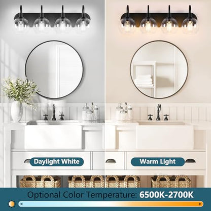 Dpyrrhic Industrial Bathroom Vanity Light， 4-Light Bathroom Lights Over Mirror with Clear Glass Globe Shade and Metal Base, Matte Black Bathroom Vanity Light Fixture - color: Black, size: 4-Light