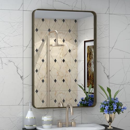 16x24 Inch Bronze Bathroom Mirror for Vanity | Rounded Rectangle Brushed Metal Bronze Frame Mirror, Wall-Mounted, Anti-Rust, Hangs Horizontally or Vertically - color: Bronze, size: 24"L x 16"W